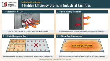 Four industrial building heat loss factors draining commercial heating efficiency infographic