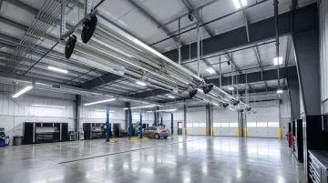 Automotive service garage with ceiling-mounted infrared tube heaters installed overhead