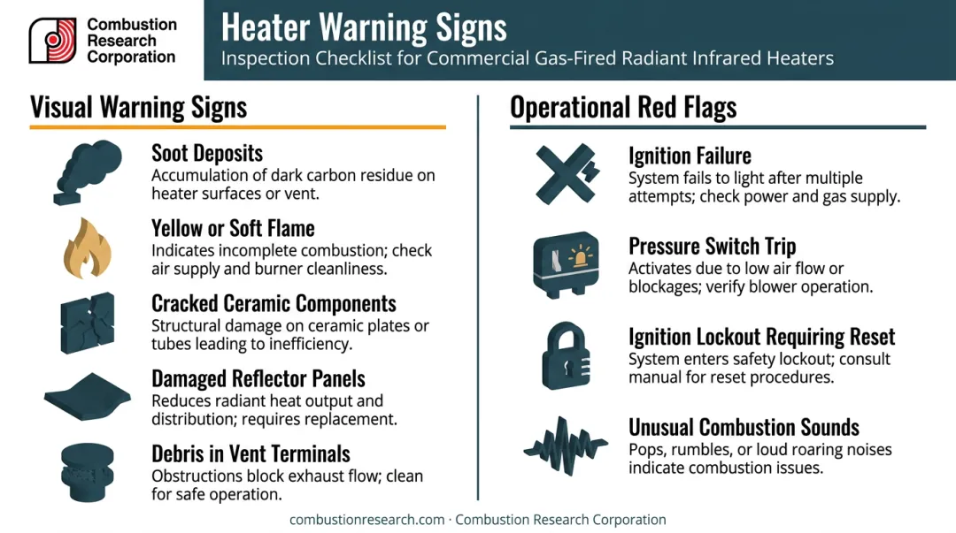 Propane radiant tube heater warning signs visual and operational red flags guide