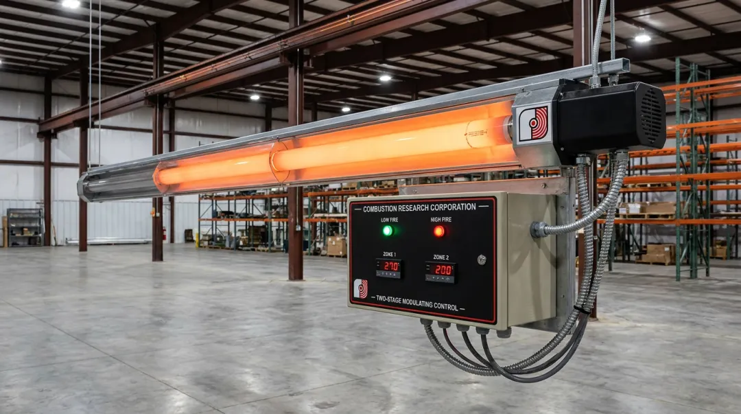CRC dual-stage infrared tube heater control panel showing two-stage modulating operation