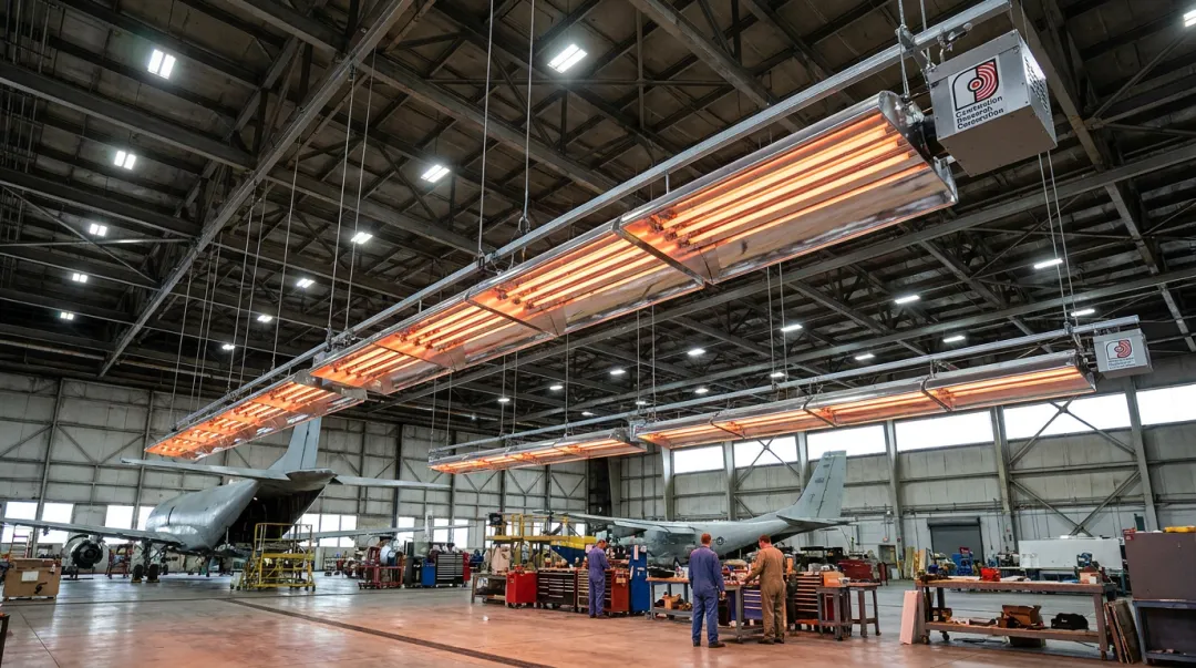 CRC Reflect-O-Ray vacuum tube heaters installed in high-ceiling commercial warehouse facility
