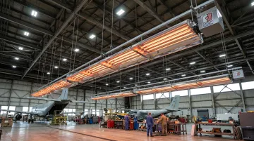 CRC Reflect-O-Ray vacuum tube heaters installed in high-ceiling commercial warehouse facility