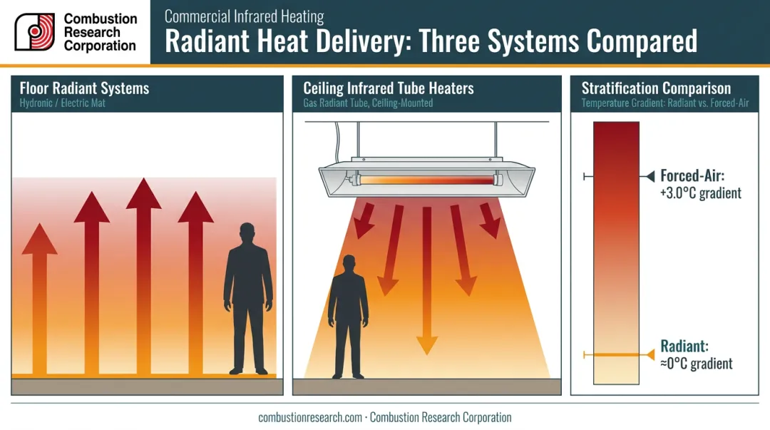 Three radiant heat delivery methods comparison showing floor ceiling and stratification reduction