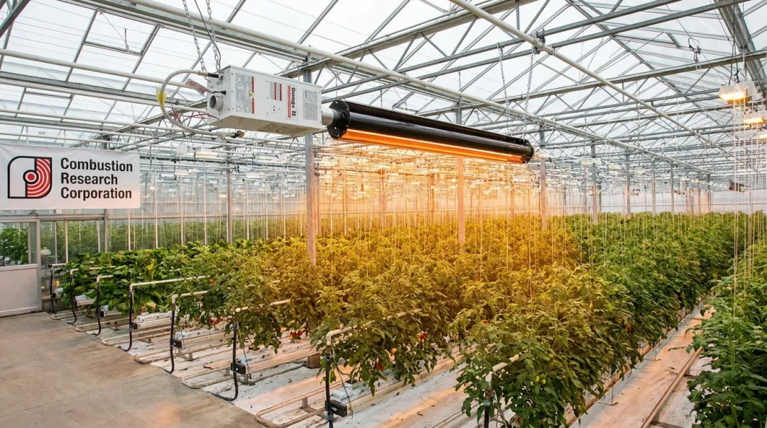 CRC Reflect-O-Ray infrared tube heater installed in commercial greenhouse ceiling