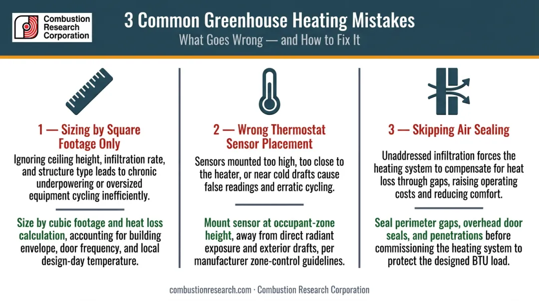 Three most common greenhouse heating mistakes causes and solutions comparison infographic