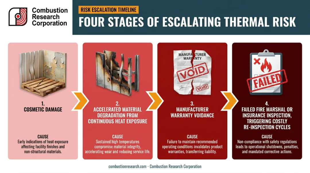 Timeline of escalating risks from ignored radiant heater clearance requirements