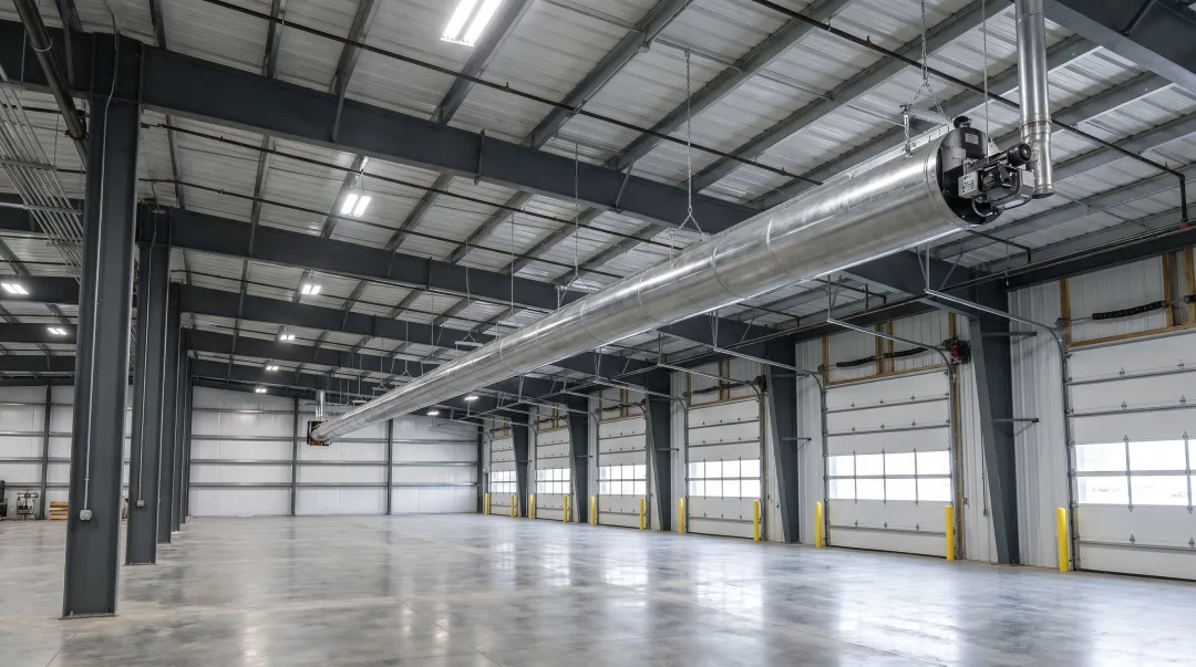 Industrial radiant tube heater ceiling-mounted in large warehouse or automotive facility
