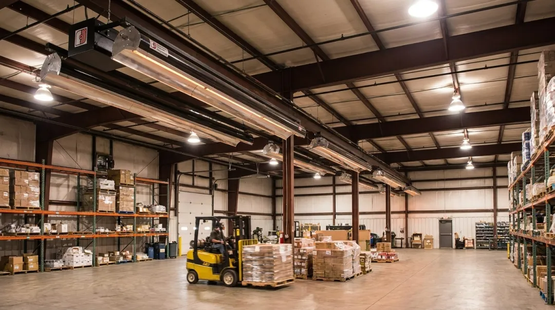 CRC ceiling-mounted infrared radiant tube heating system installed in warehouse