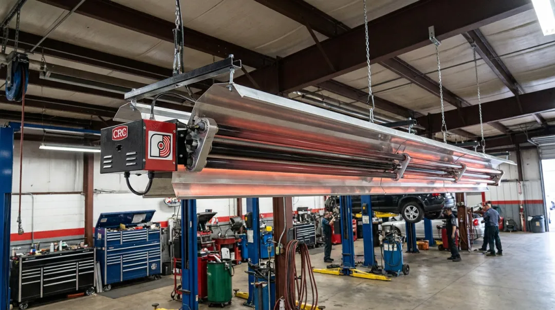 CRC Omega II infrared tube heater installed in automotive service bay ceiling