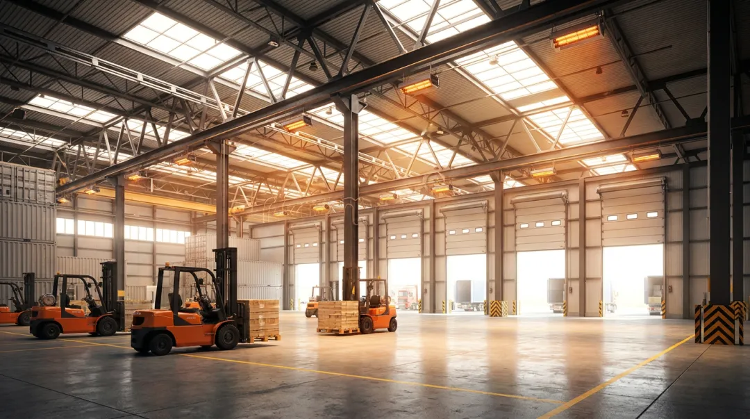 Large industrial warehouse interior with high ceilings active loading dock doors and forklifts