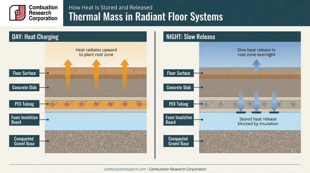Radiant floor heating concrete slab thermal mass heat retention diagram