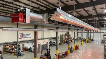 CRC infrared tube heater product lineup installed in commercial warehouse ceiling