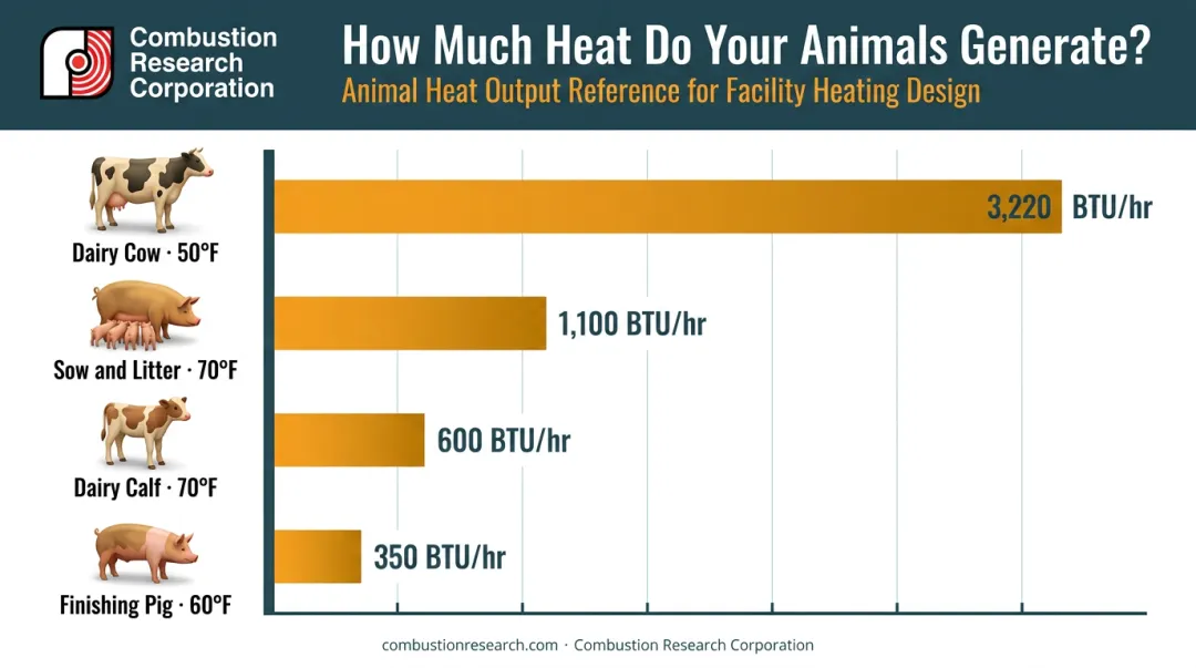 Livestock animal heat output comparison chart BTU per hour by animal type