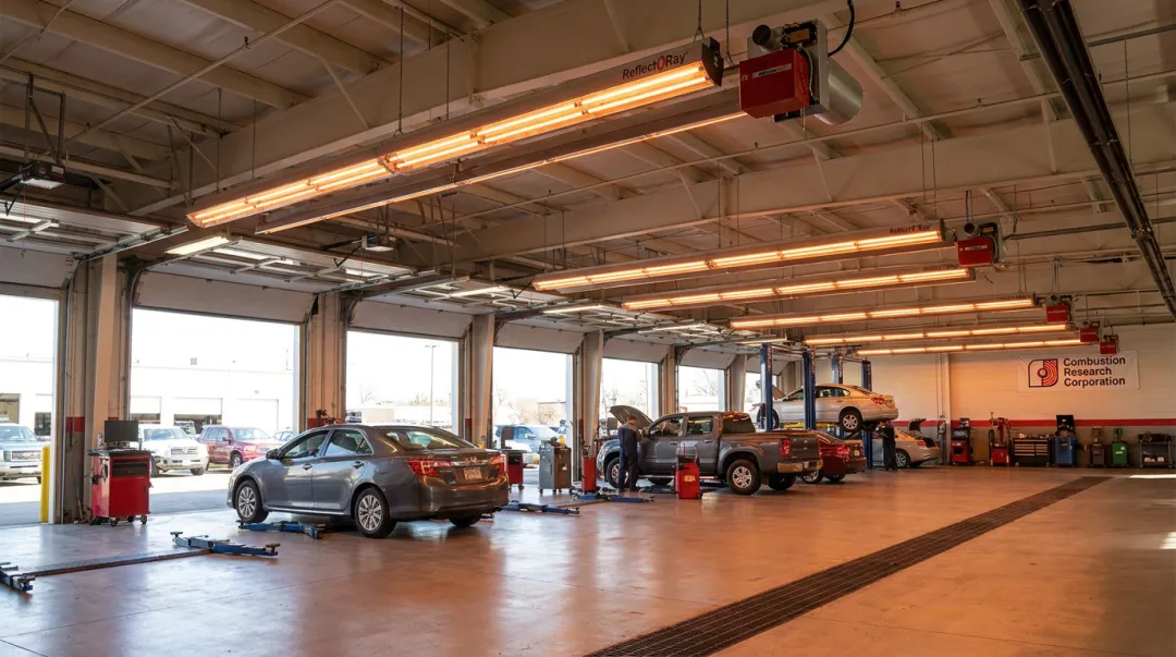 Ceiling-mounted industrial infrared tube heater installed in service garage