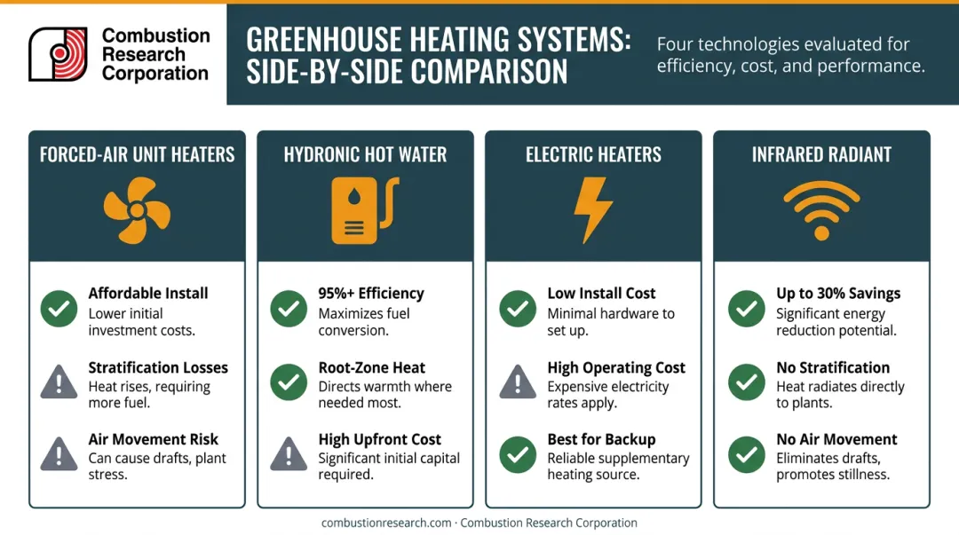Four commercial greenhouse heating system types side-by-side comparison infographic