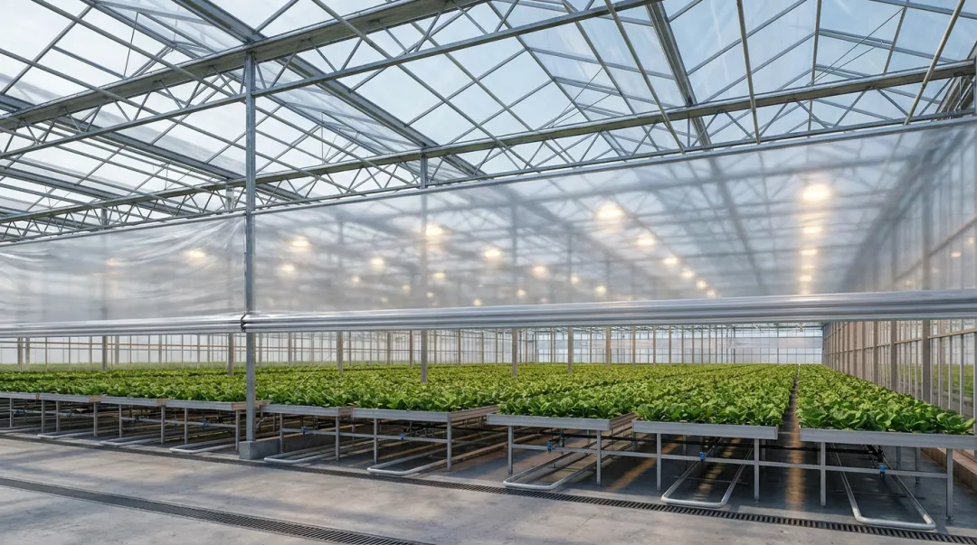 Commercial greenhouse interior with thermal energy curtain drawn across growing zone at night