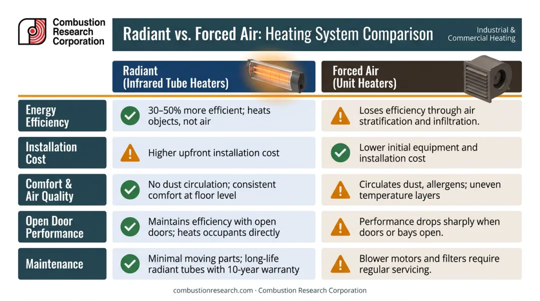 Radiant infrared tube heaters versus forced air unit heaters five-factor comparison chart