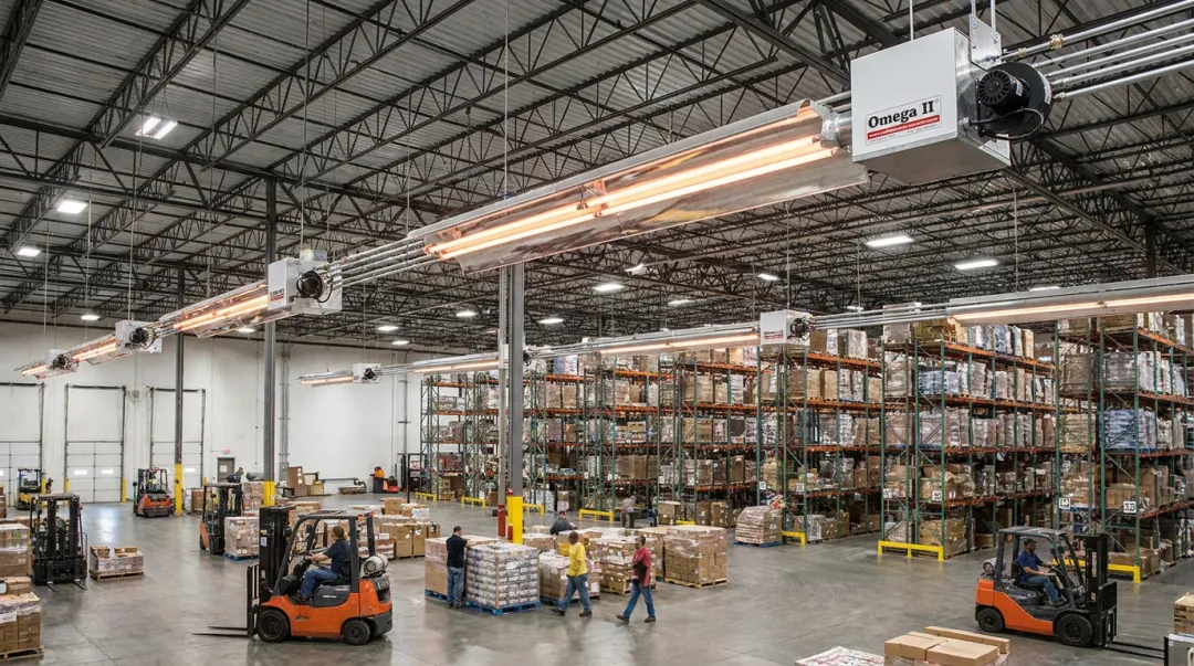 CRC Reflect-O-Ray and Omega II infrared tube heaters installed in warehouse ceiling
