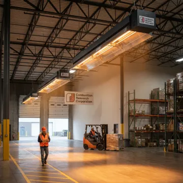 Commercial infrared tube heaters mounted in an industrial facility