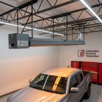 Ceiling-mounted infrared heater in a garage