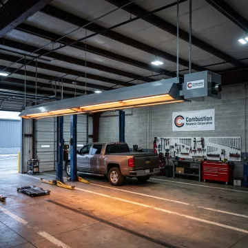 Radiant heater mounted in a garage workshop