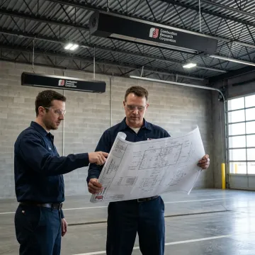 Engineer reviewing radiant tube heater layout in a shop