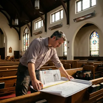 Engineer reviewing radiant heater plans for a church sanctuary