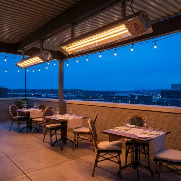 Commercial infrared heaters mounted above a covered patio