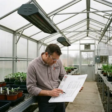 Engineer reviewing greenhouse infrared heater layout