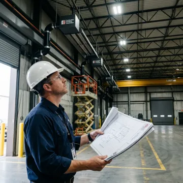 Engineer reviewing radiant heater plans in an industrial facility