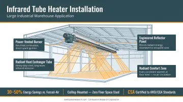 Combustion Research Corporation infrared tube heater installed in large industrial warehouse