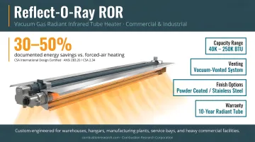 CRC Reflect-O-Ray infrared radiant tube heater installed in warehouse ceiling