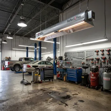 Ceiling-mounted radiant heater in a garage