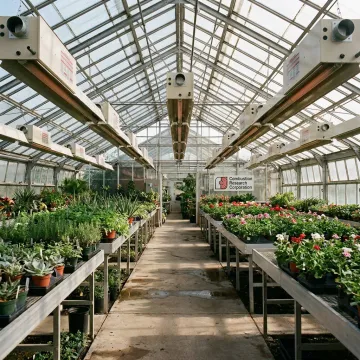 Radiant infrared heaters installed above greenhouse growing benches