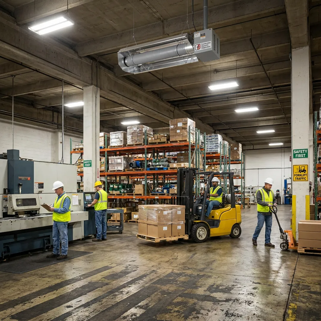 Radiant tube heater installed in industrial facility