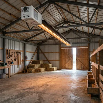 Infrared heater warming a barn interior