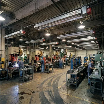 Factory floor with ceiling-mounted infrared heaters