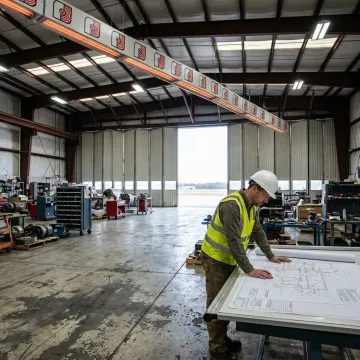 Engineer reviewing radiant heater plans for an aircraft hangar