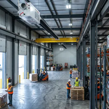 Radiant tube heaters in an industrial warehouse