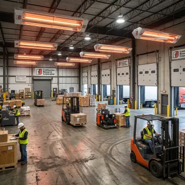Industrial infrared radiant heaters in a warehouse