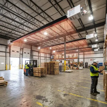 Gas radiant infrared tube heaters installed in a high-bay facility