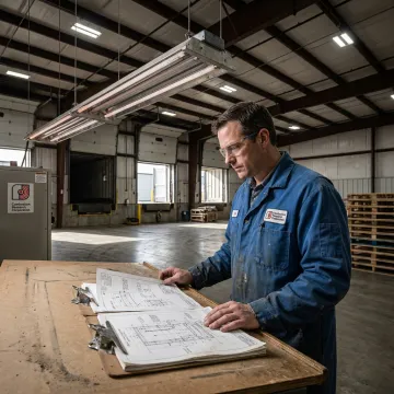 Engineer reviewing warehouse radiant heater layout