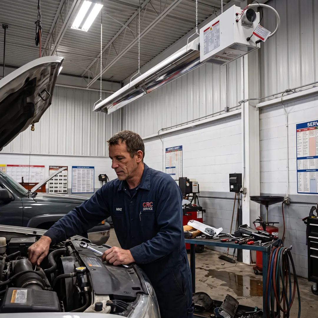 Technician working in a radiant-heated service bay