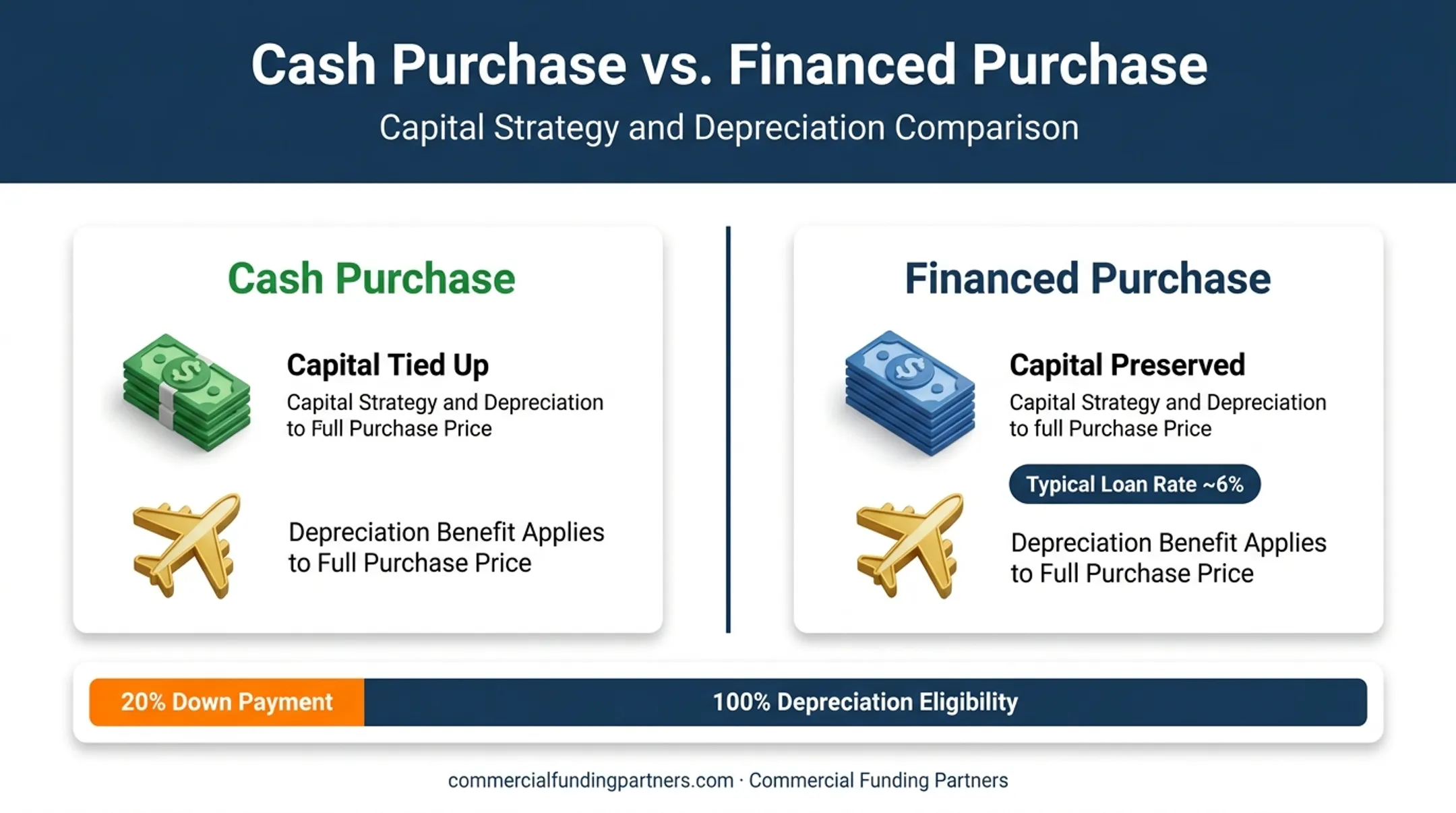Aircraft financing versus cash purchase depreciation and liquidity comparison chart