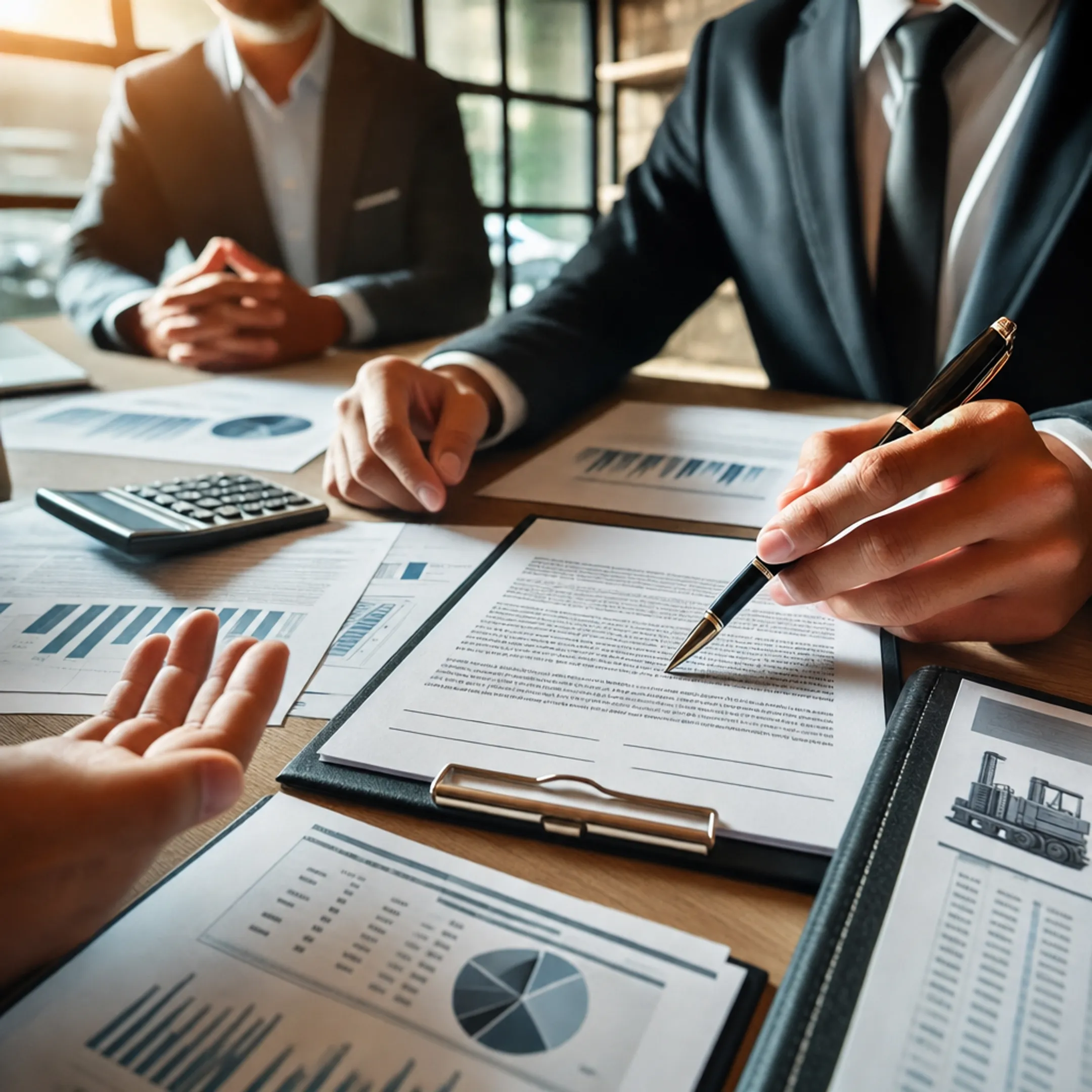Business professionals reviewing equipment financing documents during lender consultation