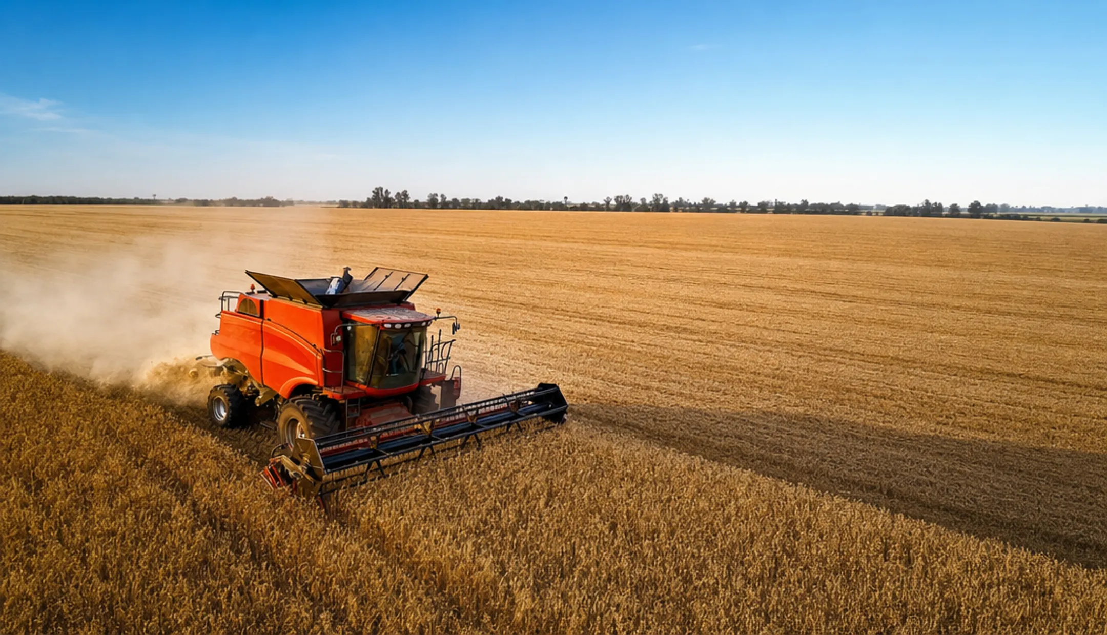 Modern combine harvester working in golden wheat field