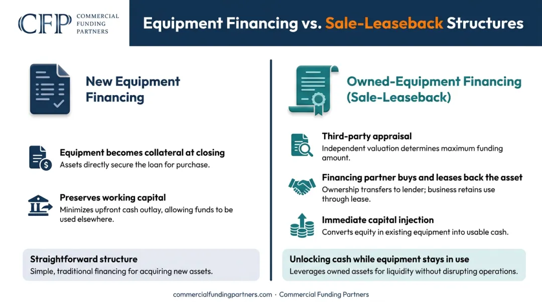 New equipment financing versus sale-leaseback structure comparison infographic