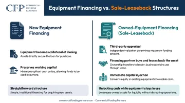 New equipment financing versus sale-leaseback structure comparison infographic