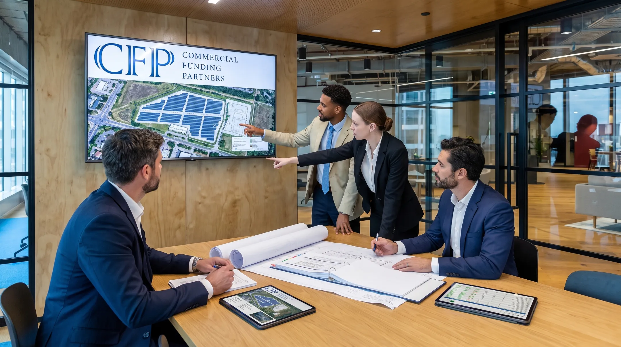 Commercial solar equipment financing team reviewing large-scale project funding options