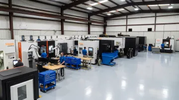 Modern manufacturing facility with automated CNC equipment and robotic systems in operation